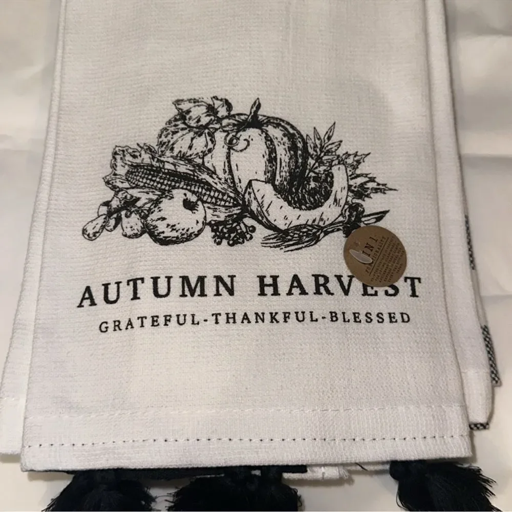 MRKT Autumn Harvest Black White Graphic Gingham Plaid Cotton Towel Gift Set